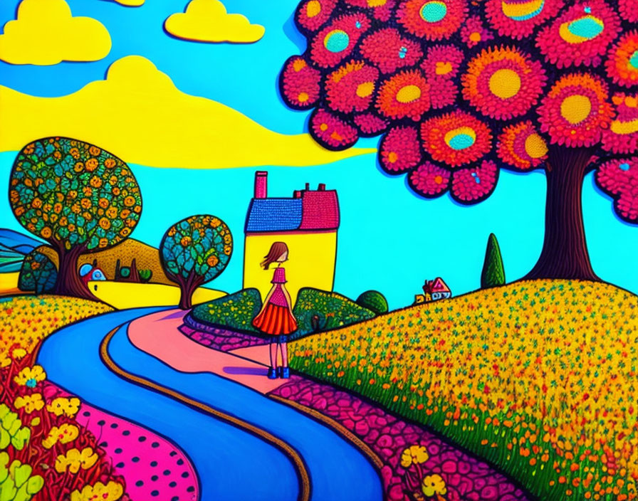 Colorful landscape with river, whimsical trees, flowers, and figure walking to house