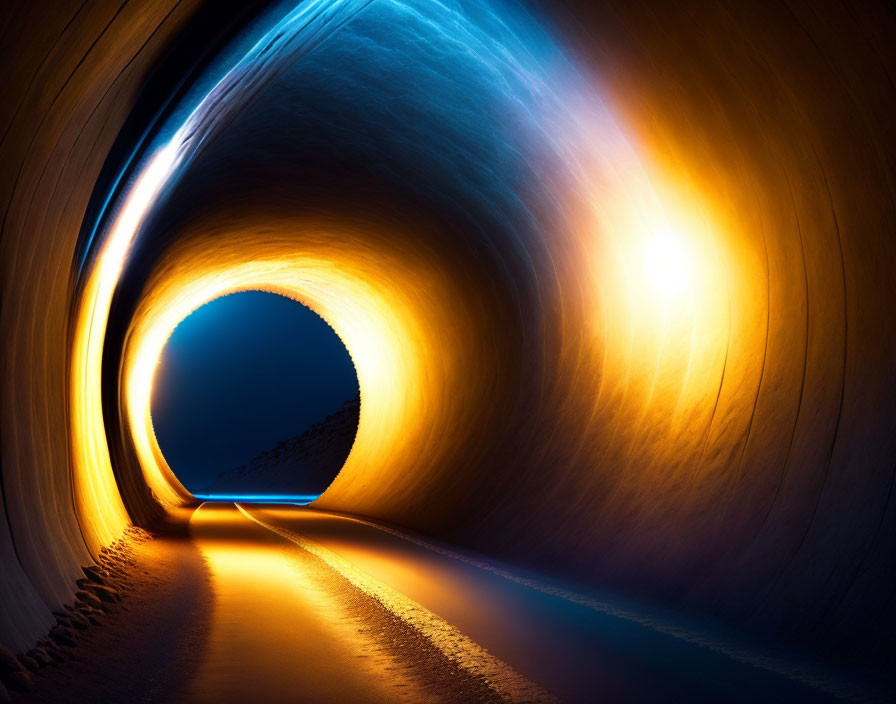 Vibrant Blue and Orange Lighted Tunnel Leading to Daylight