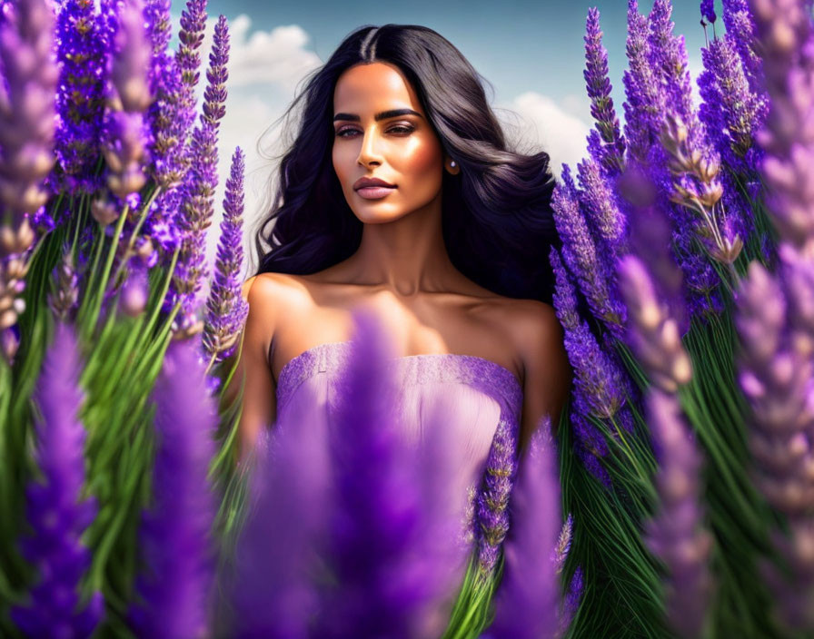 Woman in Purple Dress Surrounded by Lavender Flowers