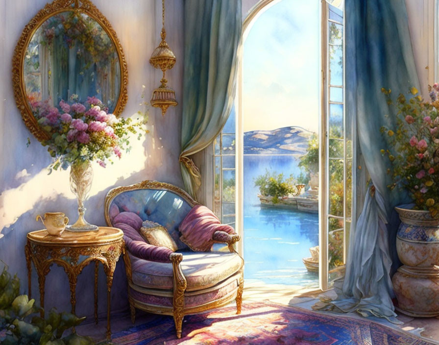 Luxurious room with French windows, chaise lounge, mirror, and serene lake view