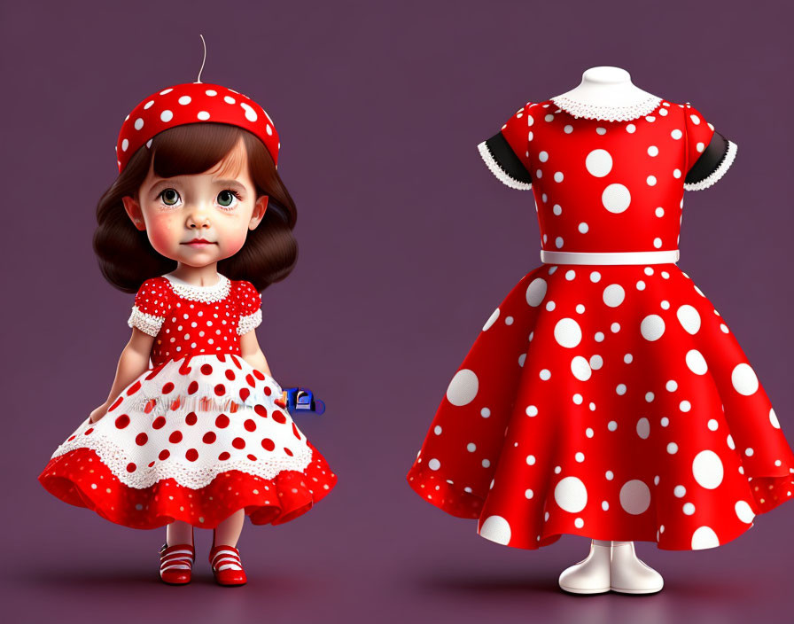 3D illustration of cute animated girl in red polka-dot dress