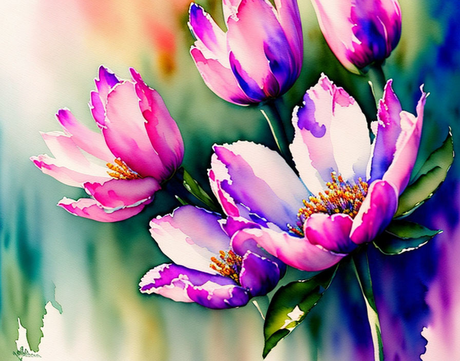 Purple and Pink Tulips Watercolor Painting with Dreamy Garden Background