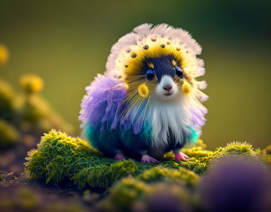 Guinea Pig with Flower Crown and Purple Collar in Mossy Setting