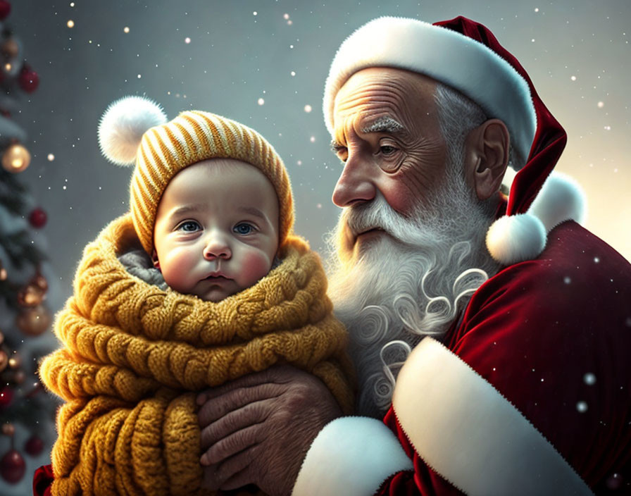 Santa Claus holding a baby in a yellow knit blanket on snowy background