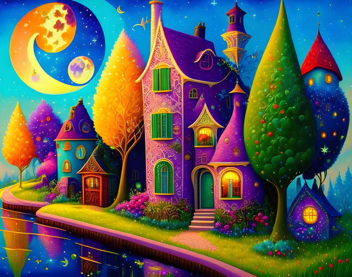 Colorful fantasy landscape with whimsical houses, bright trees, starry sky, and crescent moon