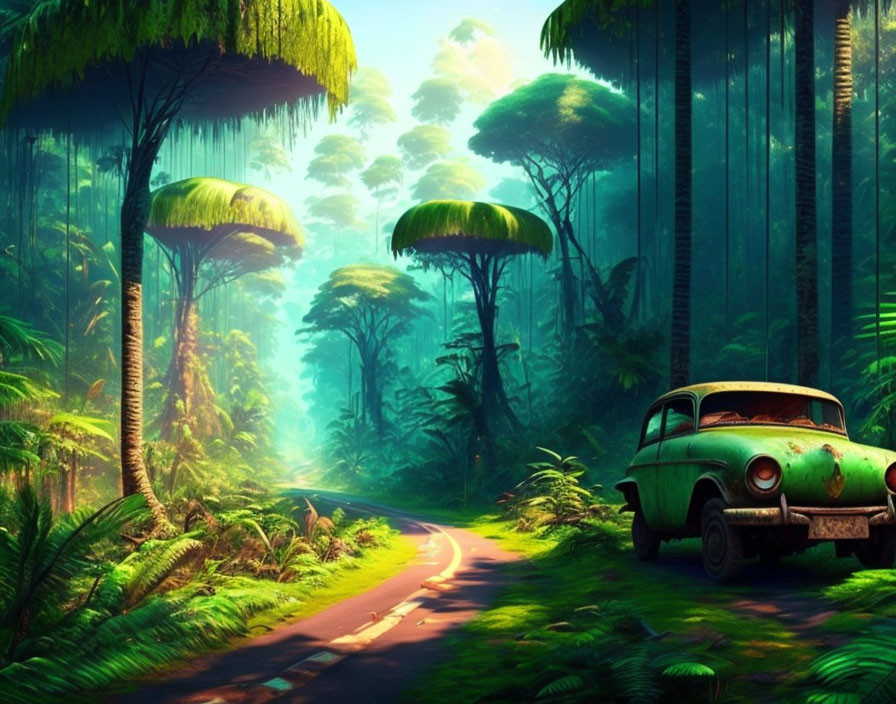 Vintage car parked in jungle setting with towering trees and lush greenery