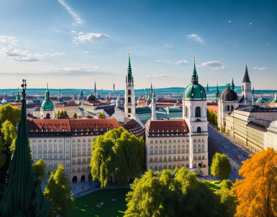 Historic city skyline with green domed cathedrals and classic architecture