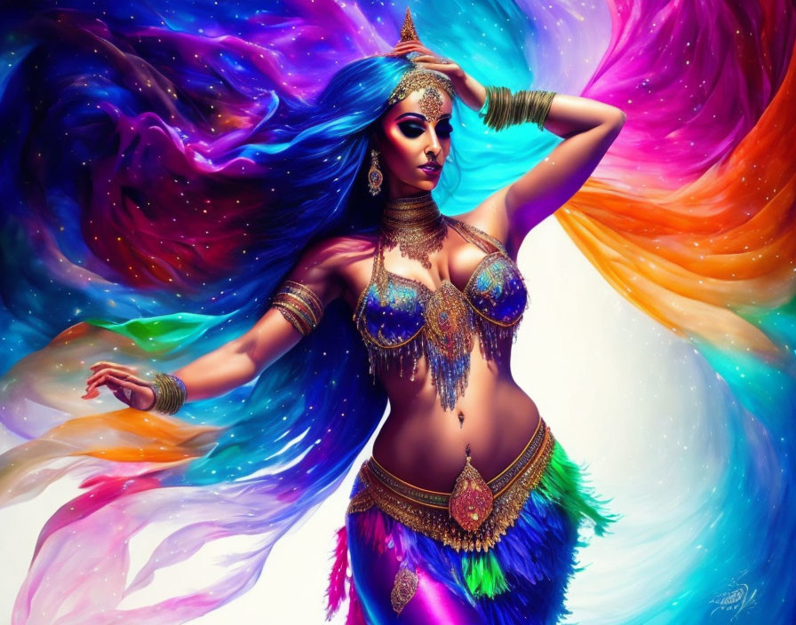 Colorful dancer with blue hair in ornate attire and jewelry posing gracefully.