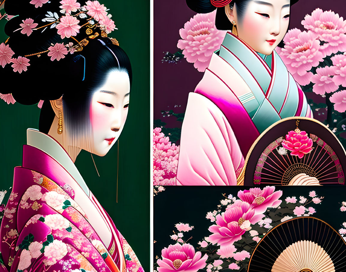 Japanese woman in kimono with cherry blossoms and fan on floral background