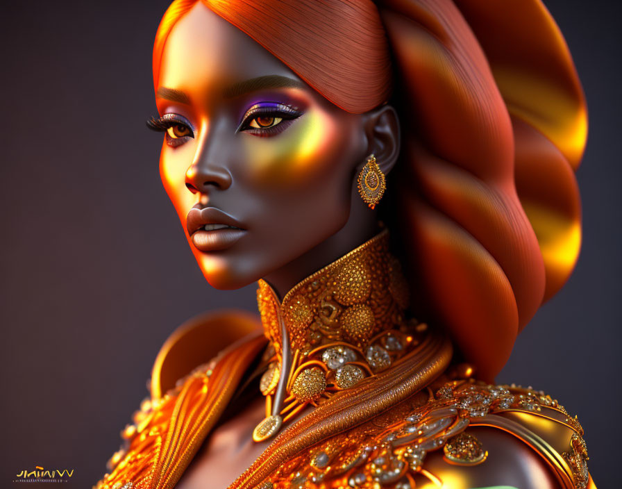 Vibrant digital artwork of a woman with golden jewelry and colorful makeup