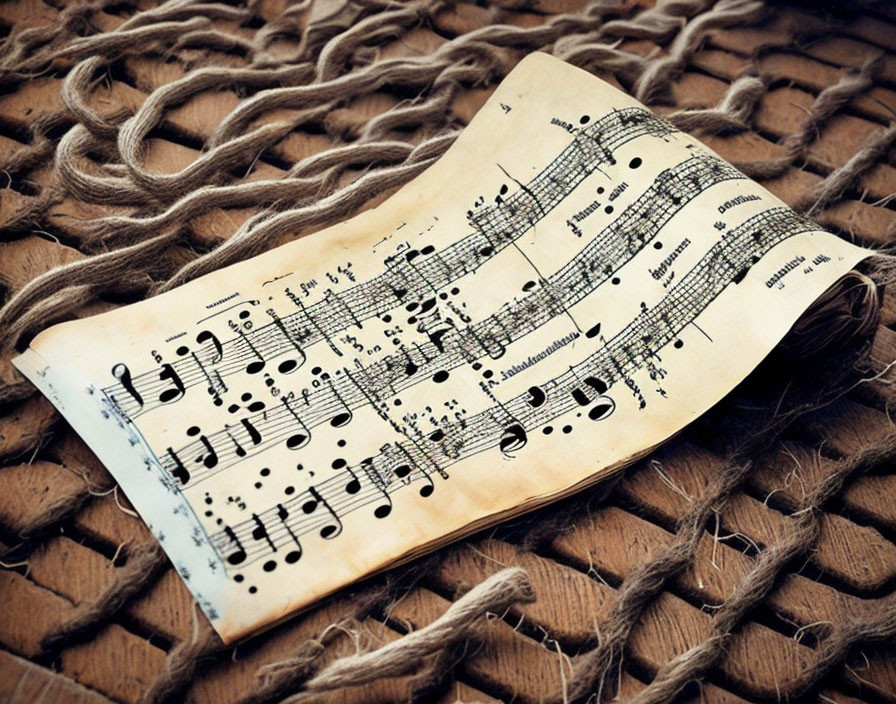 Vintage sheet music on textured net-like surface