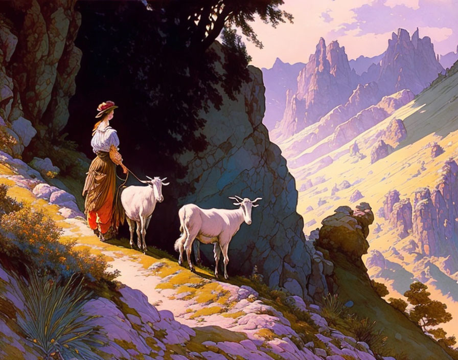 Woman in traditional attire with goats on mountain path overlooking scenic valley