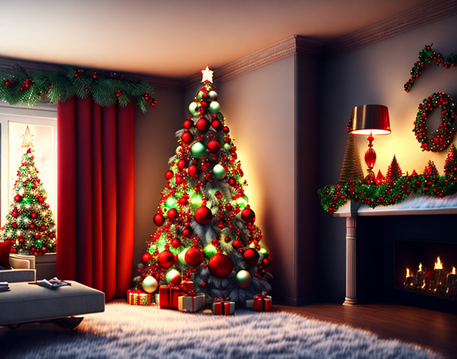 Festive Christmas living room with tree, gifts, fireplace