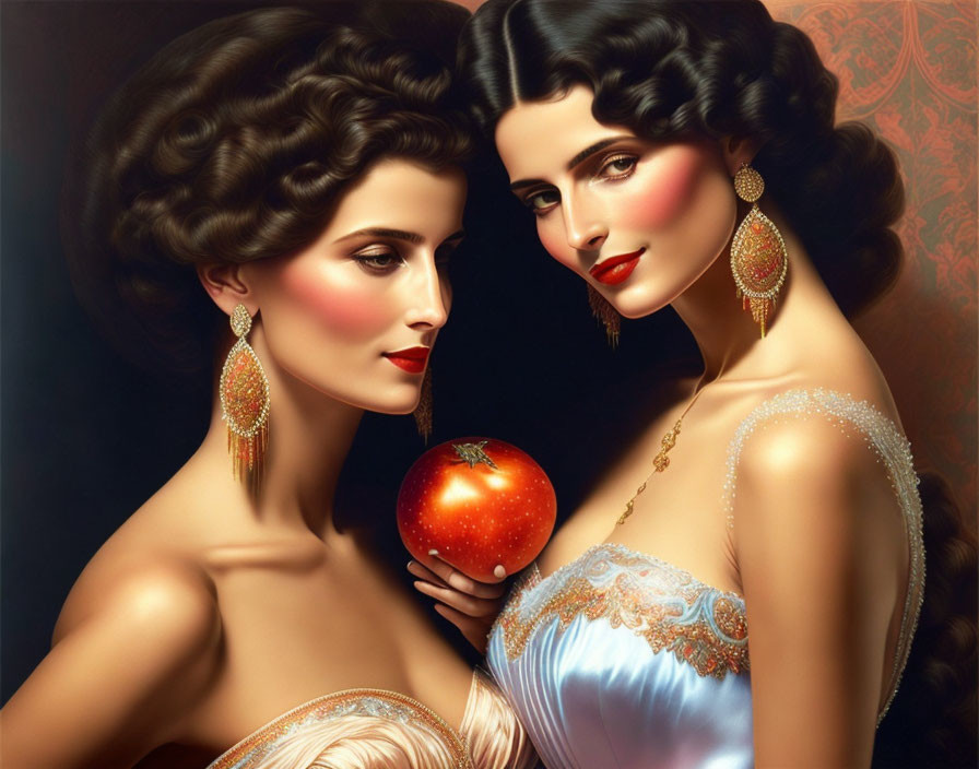 Vintage-inspired portrait of two women with elegant hairstyles and makeup, dressed in formal attire, holding an apple