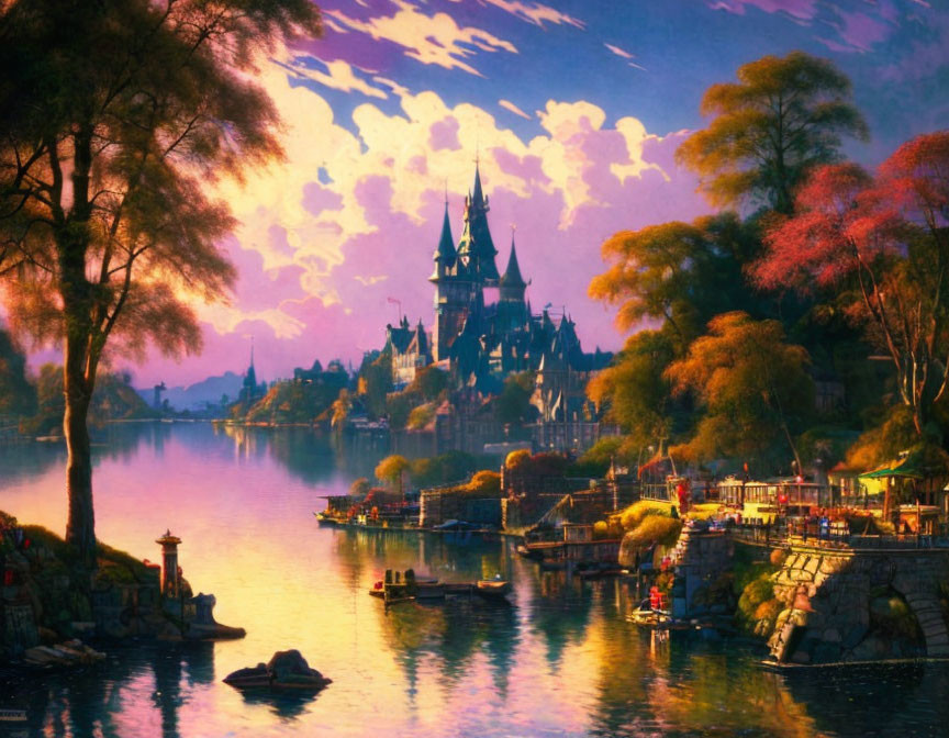 Tranquil painting of magical castle by lake at sunset