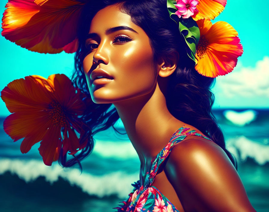 Woman with flowers in hair on sunny beachside gazes into distance