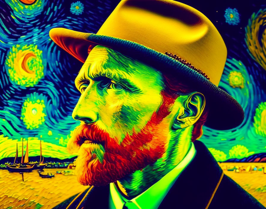 Stylized image of man with beard and hat against swirling starry backdrop