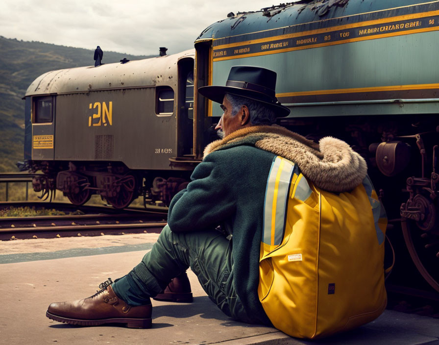 Person in hat and coat near vintage train in mountainous scenery