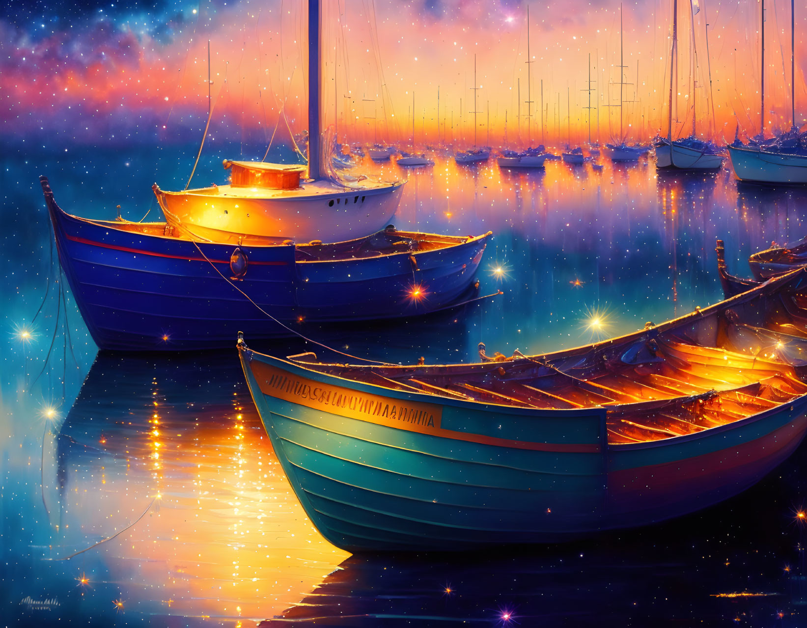 Glowing sailboats on calm sea at twilight with vibrant starry sky & colorful nebula clouds