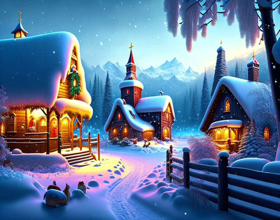 Snow-covered winter village scene with glowing cottages and festive decorations