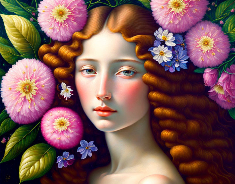 Woman with Auburn Hair Surrounded by Pink Flowers and Greenery