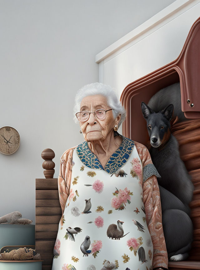 Elderly woman and dog in cozy room with wooden furniture