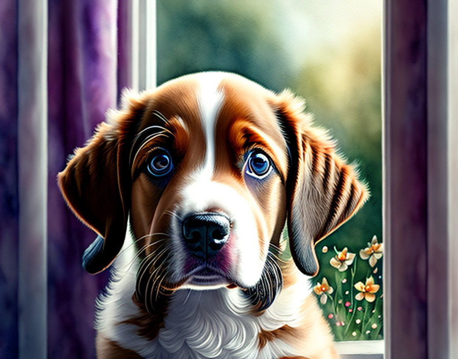 Brown and White Puppy Looking Out Window with Purple Curtains