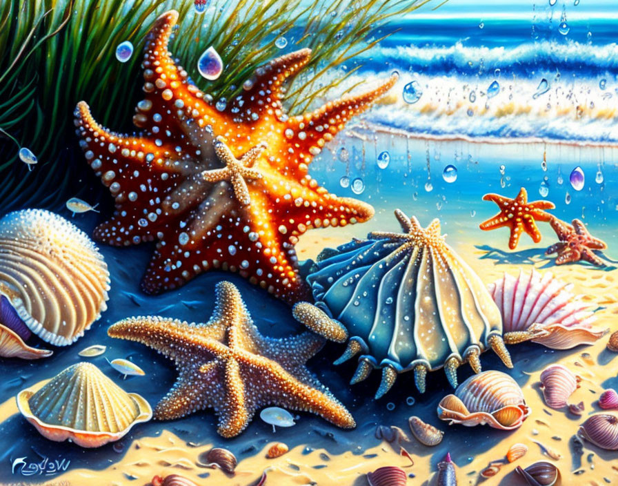 Colorful Starfish and Shells Painting on Sandy Beach