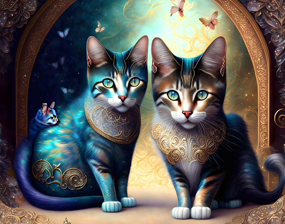 Stylized cats with cosmic patterns on starry background