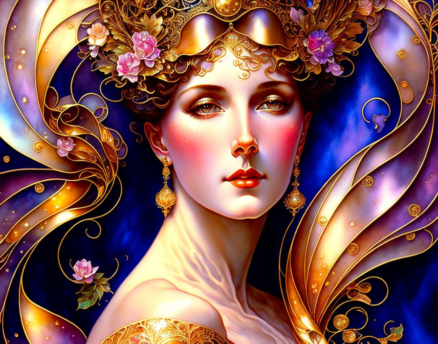 Fantasy illustration: Woman with gold headdress & pink flowers