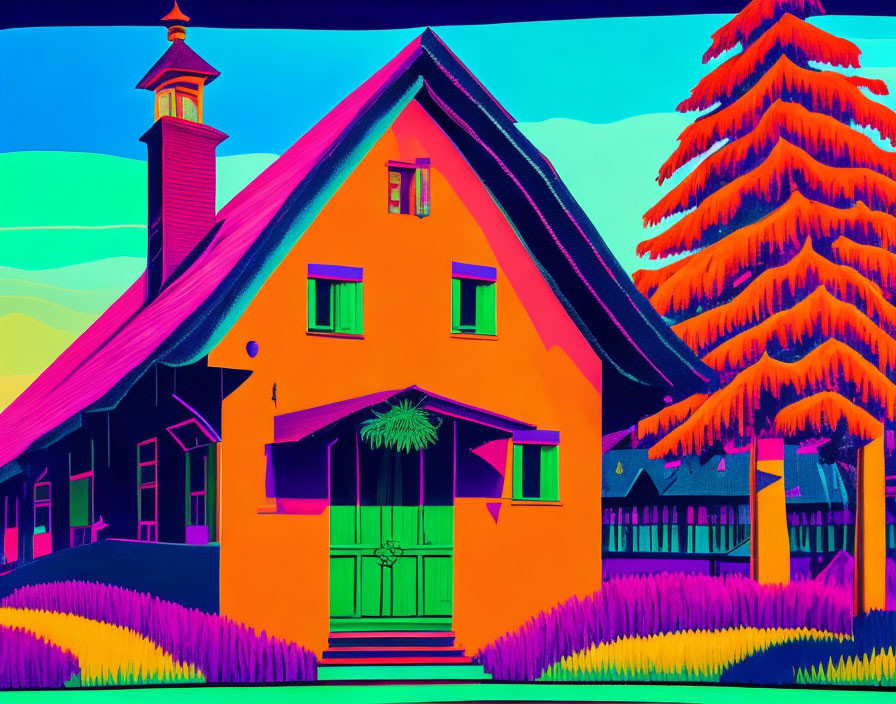 Colorful Digital Artwork: Cottage with Neon Pink Walls, Blue Outlines, Orange Trees, Purple