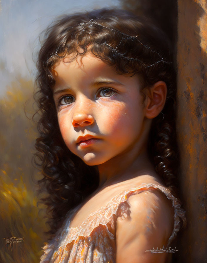 Portrait of young girl with curly hair in warm sunlight