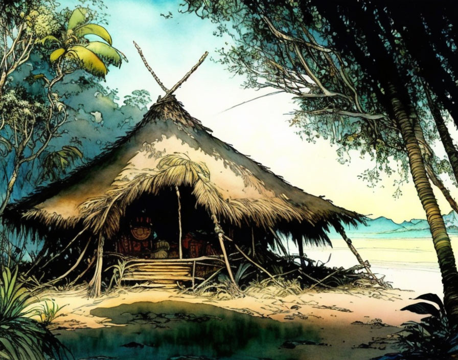 Traditional Thatched Hut Illustration Surrounded by Beach Vegetation