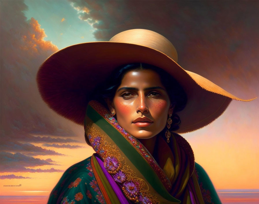 Dark-haired woman in straw hat and embroidered shawl against sunset sky