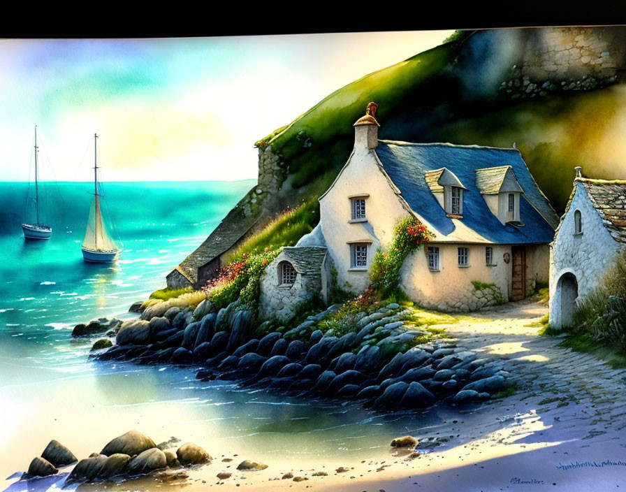 Tranquil coastal landscape with thatched cottages, calm sea, boats, and sandy beach