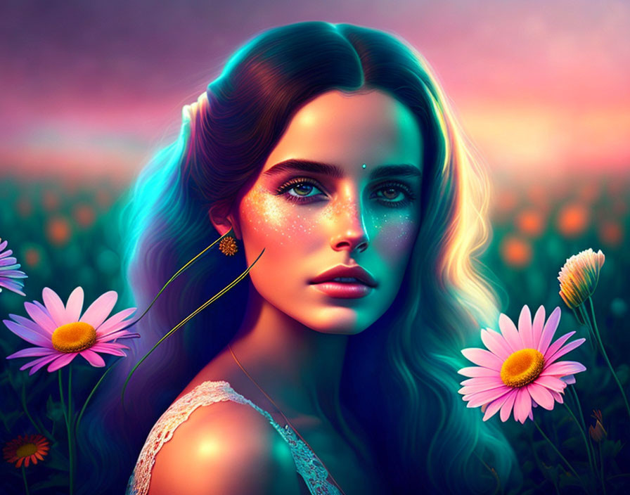 Vibrant sunset hues in digital portrait with neon highlights