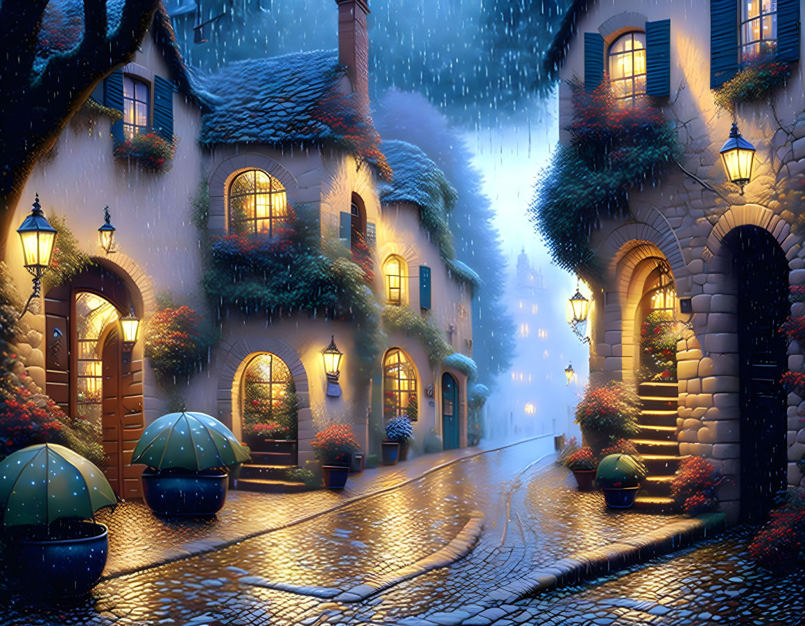 Charming cobblestone street with glowing lanterns and quaint houses at twilight