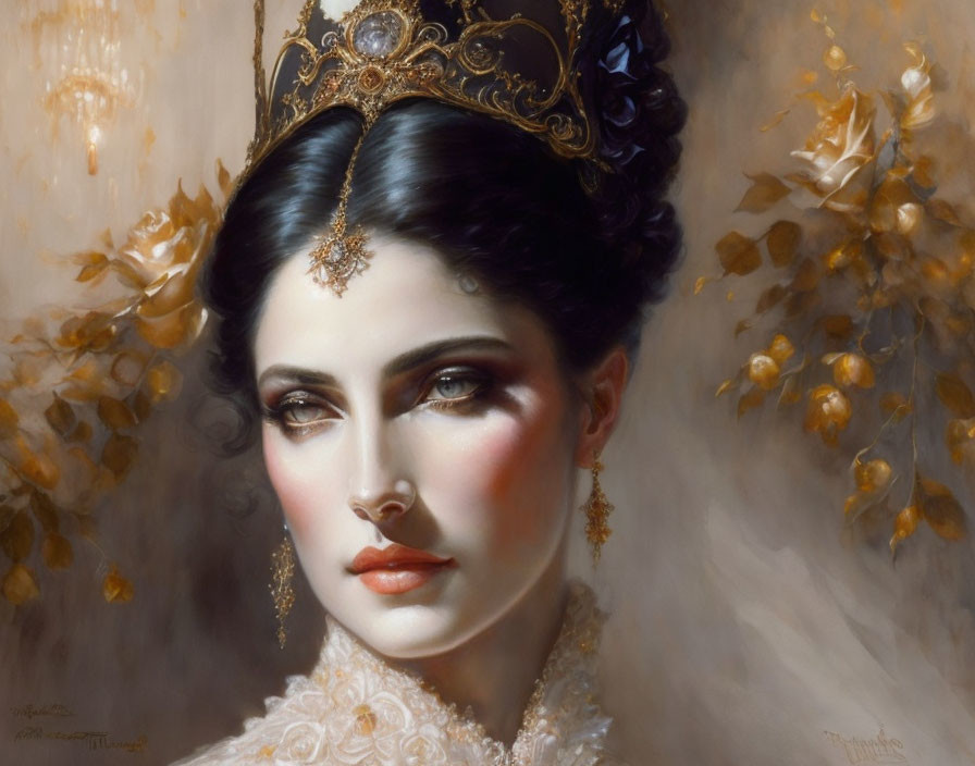 Regal woman portrait with golden crown and elegant dress