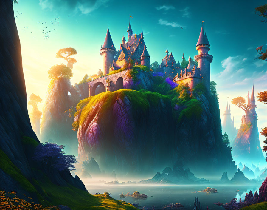 Fantastical castle on colorful cliffs by serene lake