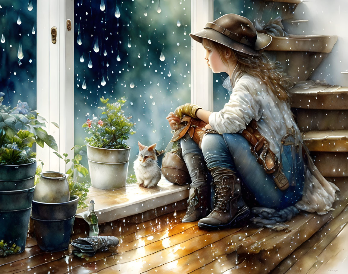 Girl in hat petting cat by rainy day window with plants & scenic view