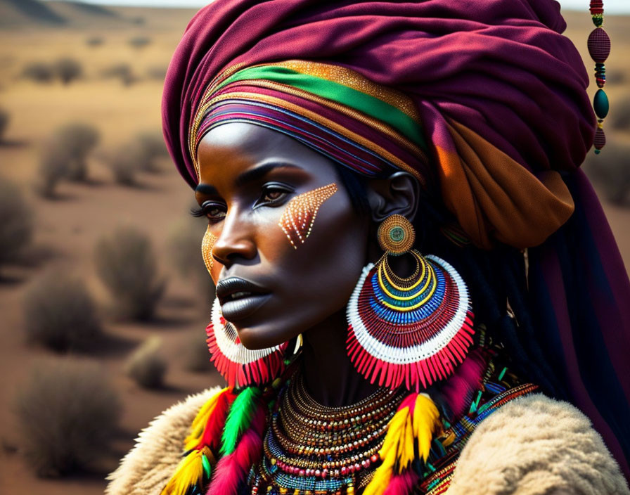 African woman in traditional attire and jewelry in desert landscape