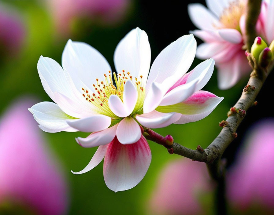 White-Pink Flower in Bloom with Yellow Stamens and Gradient Petals