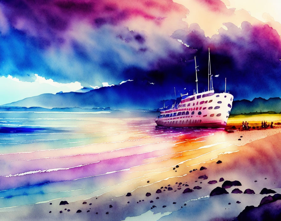 Colorful watercolor painting of ship near beach under dramatic sky