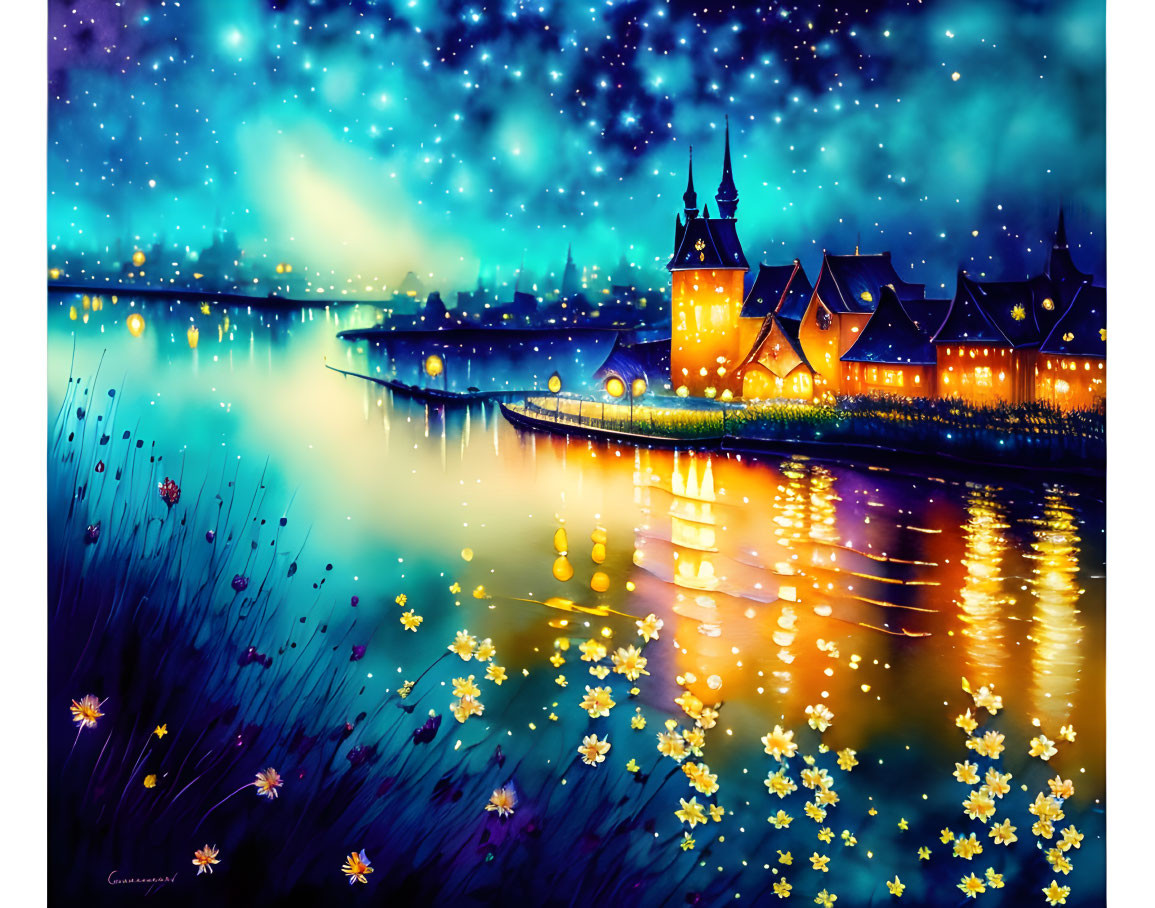 Vibrant digital painting of riverside village at night