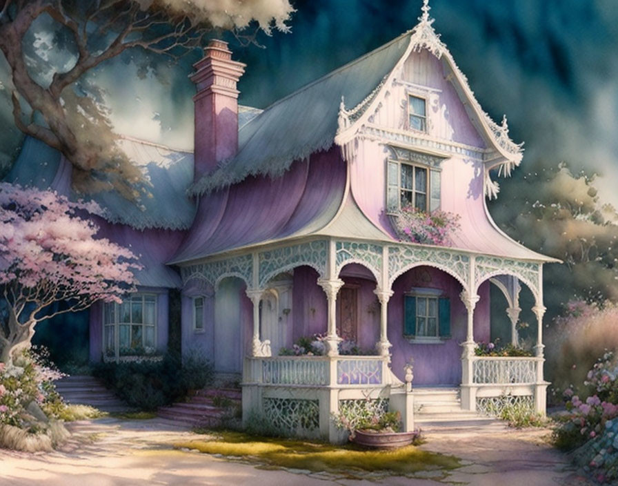 Whimsical purple Victorian house surrounded by blooming trees at twilight