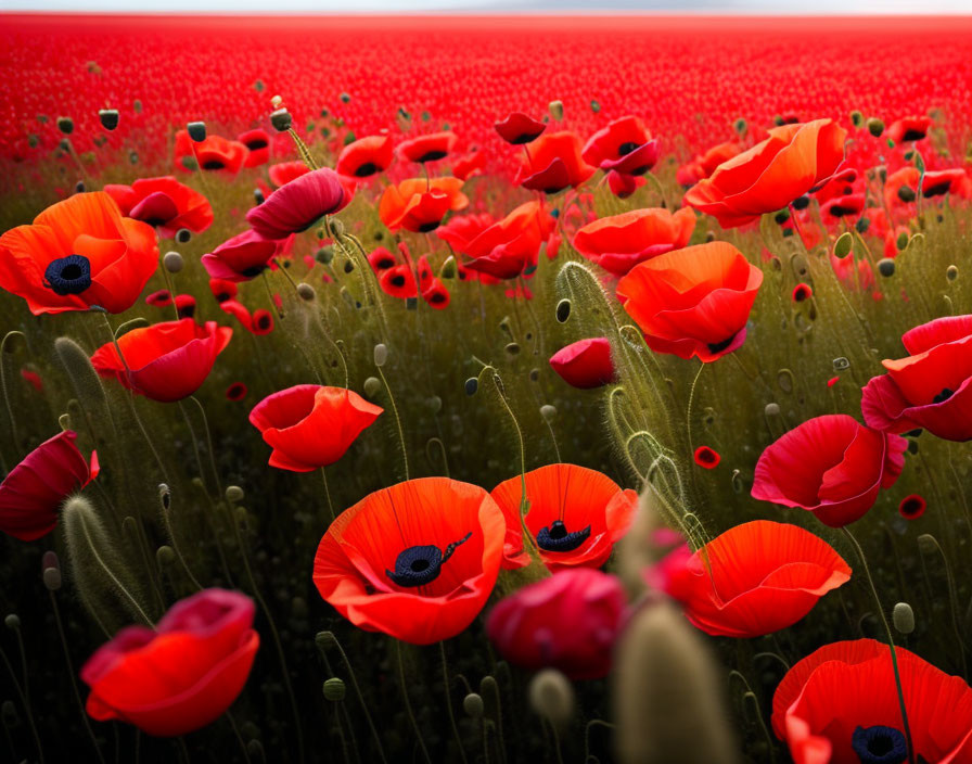 Vibrant red poppies with black centers in soft light.