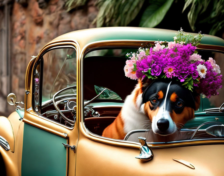 Floral crown dog in vintage car driver's seat