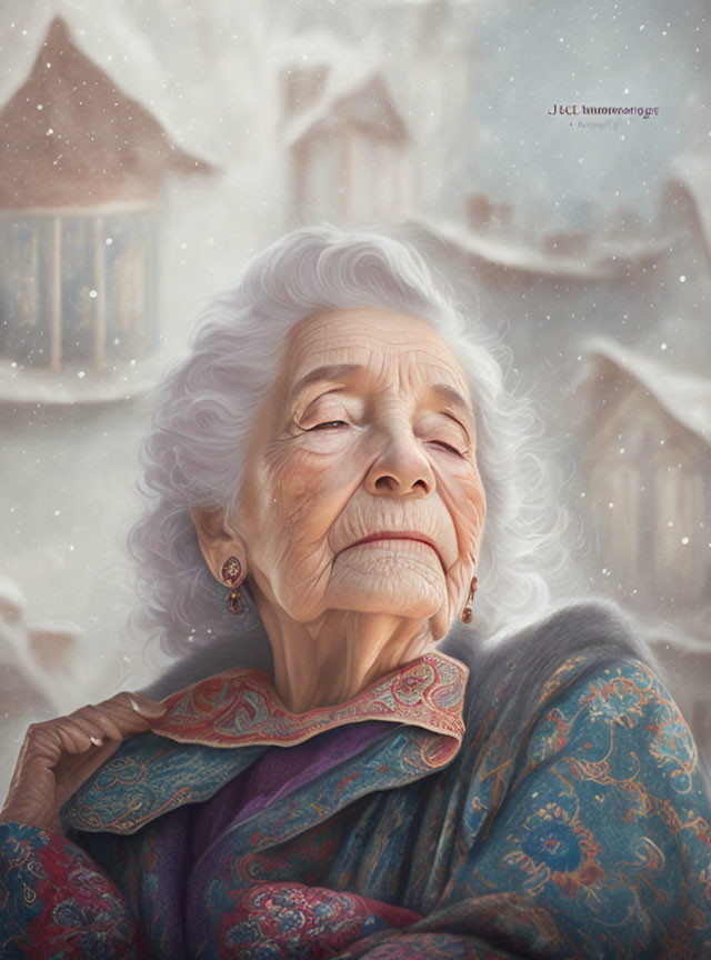 Elderly woman in shawl with closed eyes in snowfall