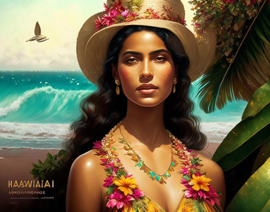 Digital artwork featuring woman with tropical flowers and straw hat on beach.