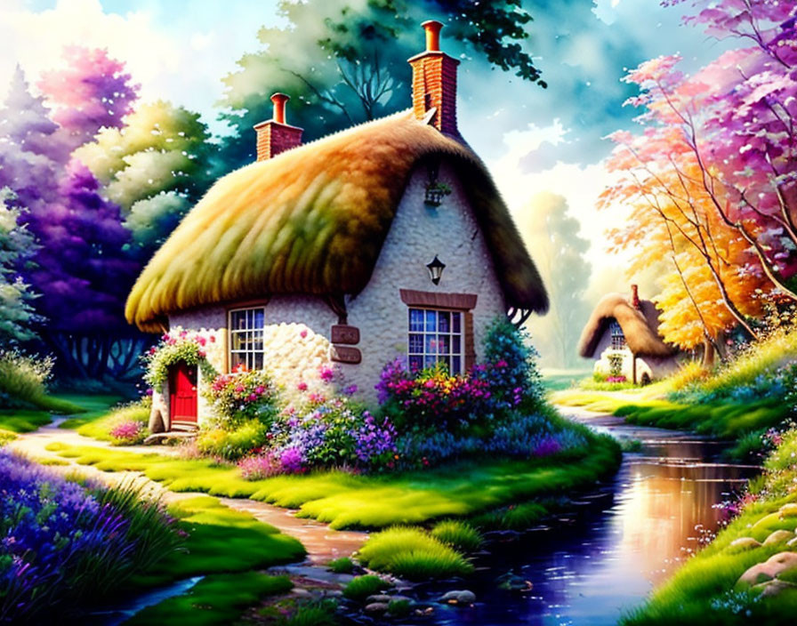 Thatched-Roof Cottage by Stream with Lush Gardens